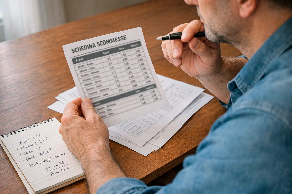 Persona che analizza una schedina scommesse su un tavolo con appunti e penna