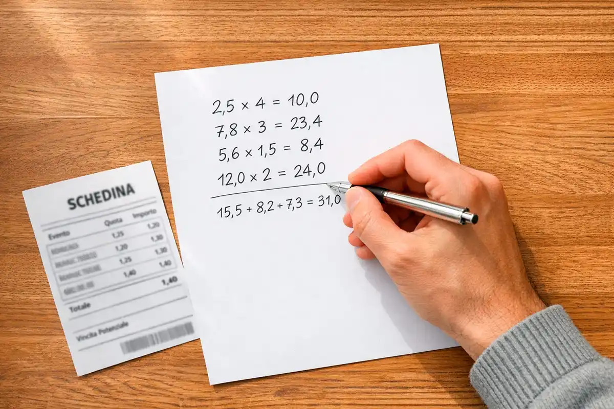 Mano che scrive formule di calcolo su un foglio con penna accanto a una schedina scommesse