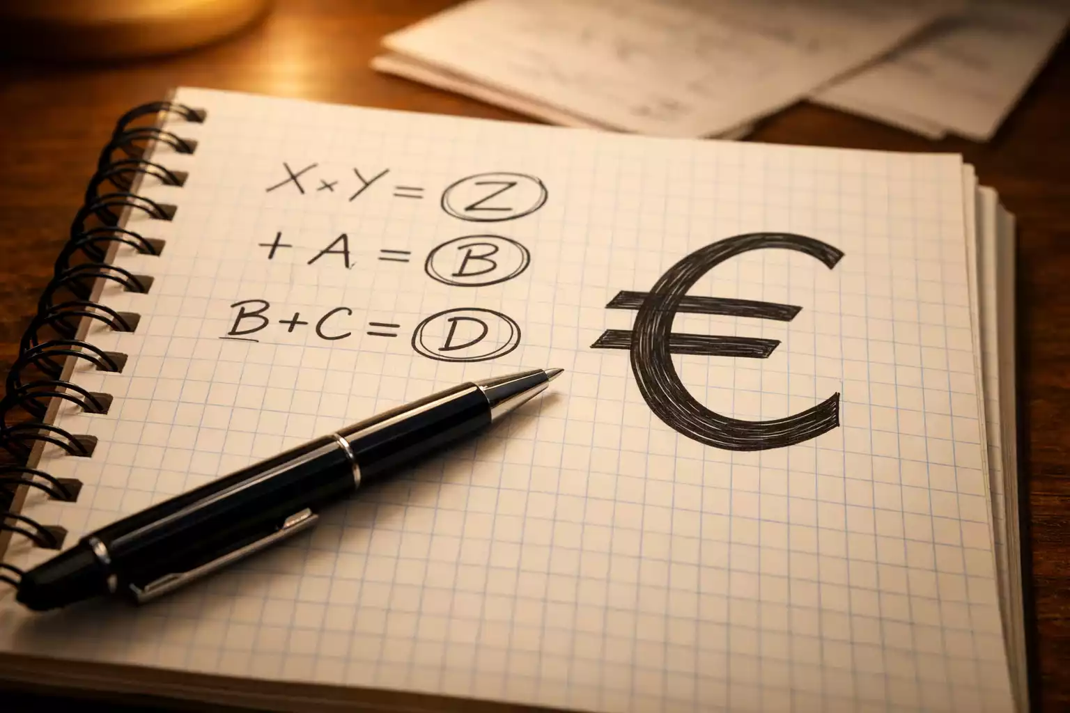 Blocco note con calcoli delle vincite e simbolo euro