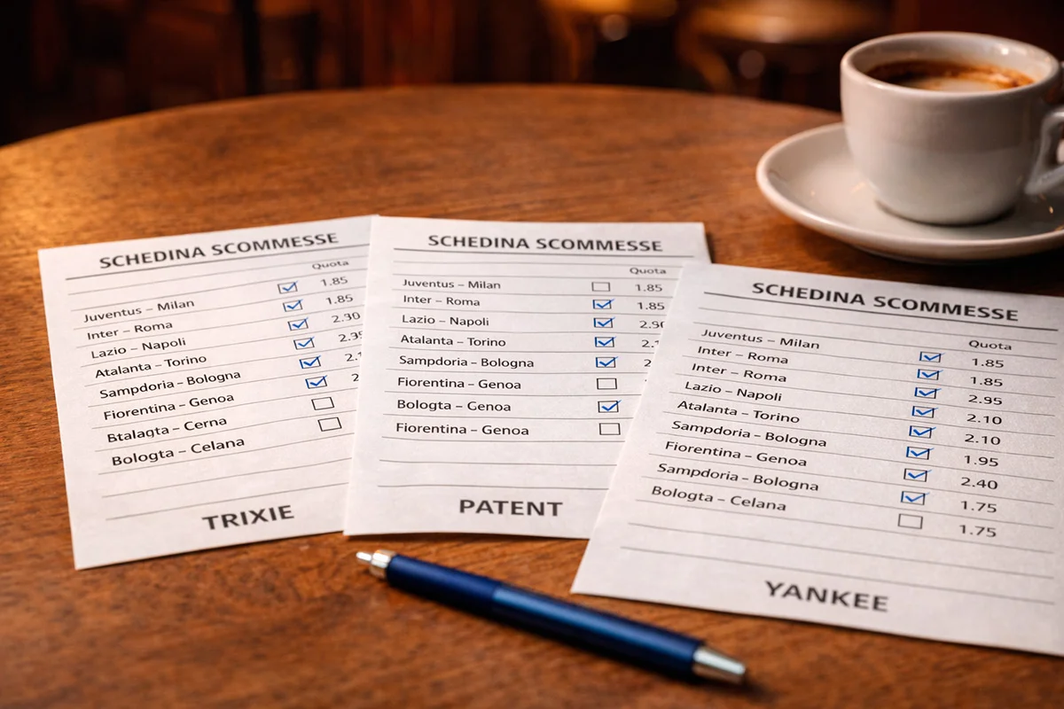 Tre schedine scommesse sportive aperte su un tavolo da bar con luce calda