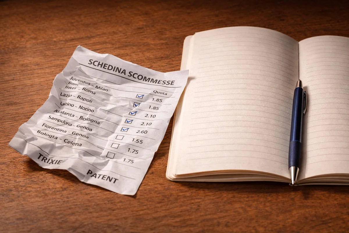 Schedina scommesse accartocciata su un tavolo accanto a una penna e un taccuino aperto