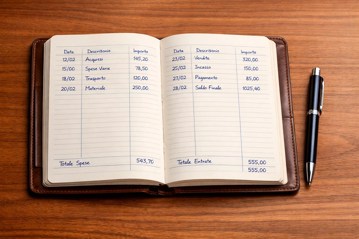 Taccuino aperto con appunti e una penna su una scrivania ordinata