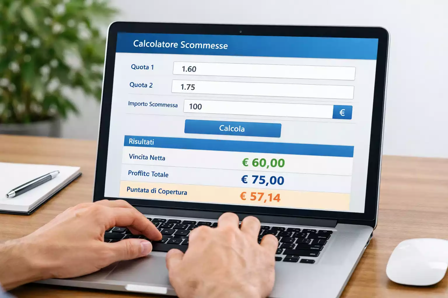 Schermo di computer con interfaccia calcolatore scommesse