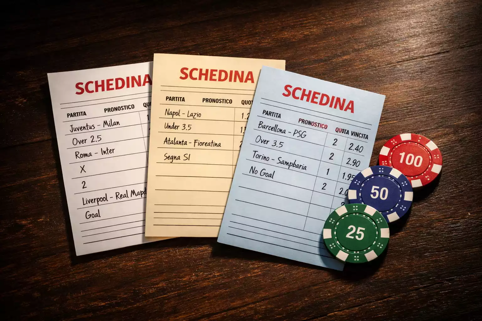 Tre diversi tipi di schedine scommesse sportive
