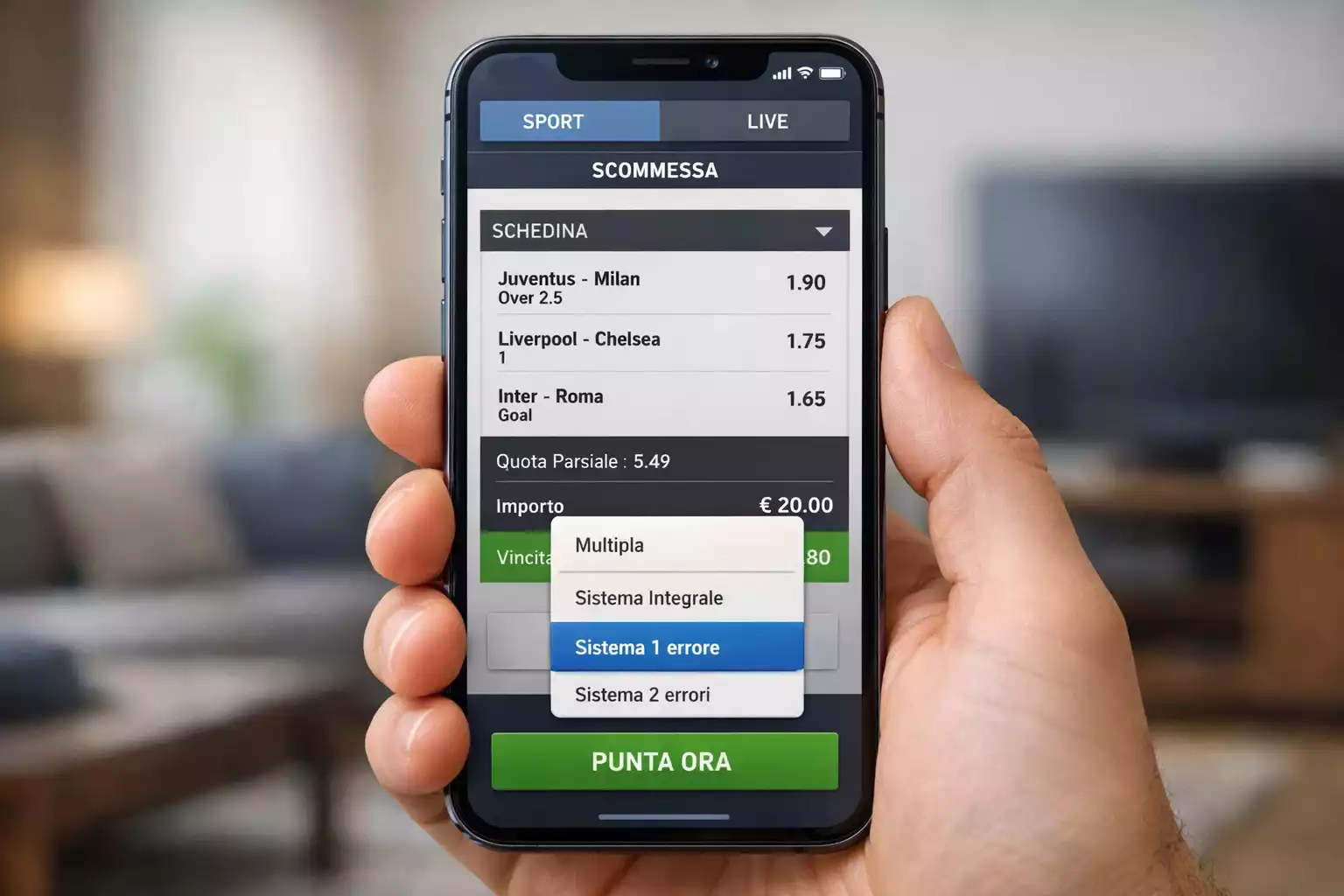 Interfaccia bookmaker con opzioni sistema