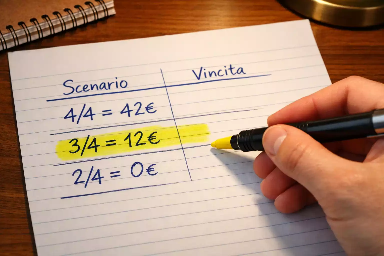 Foglio con calcoli di vincite in diversi scenari