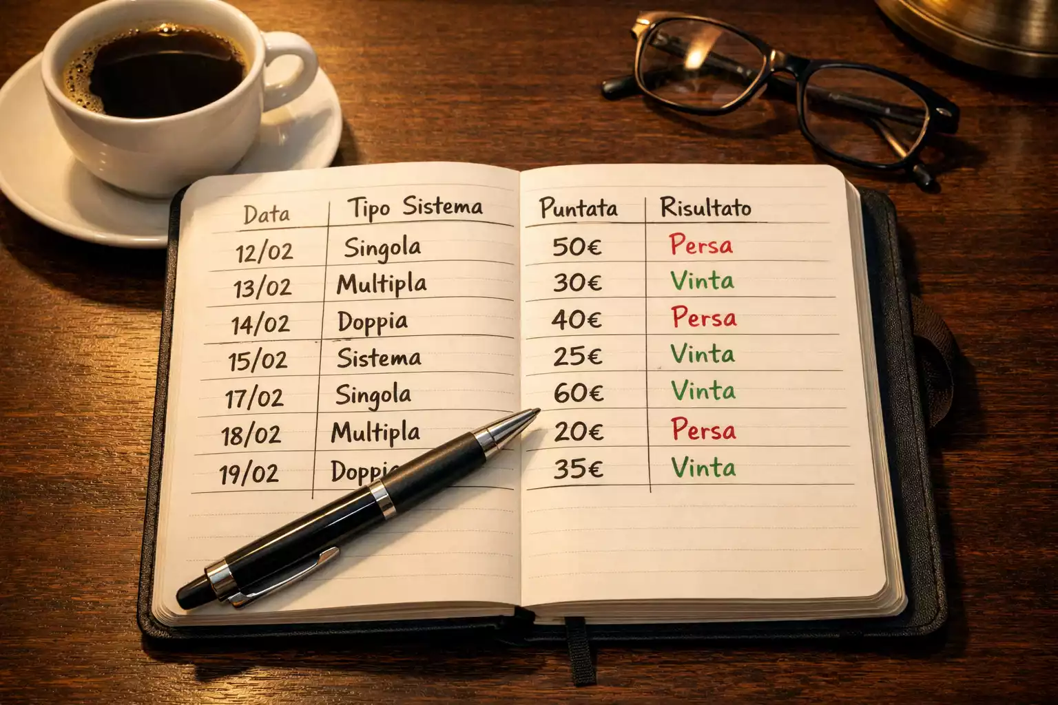 Quaderno con registro dettagliato delle scommesse