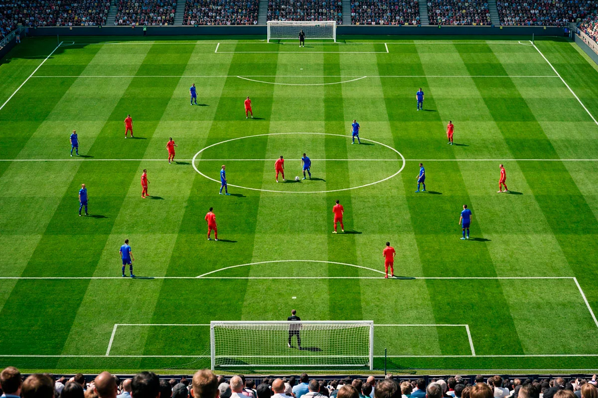 Campo da calcio in erba visto dall'alto con linee bianche ben definite durante una partita