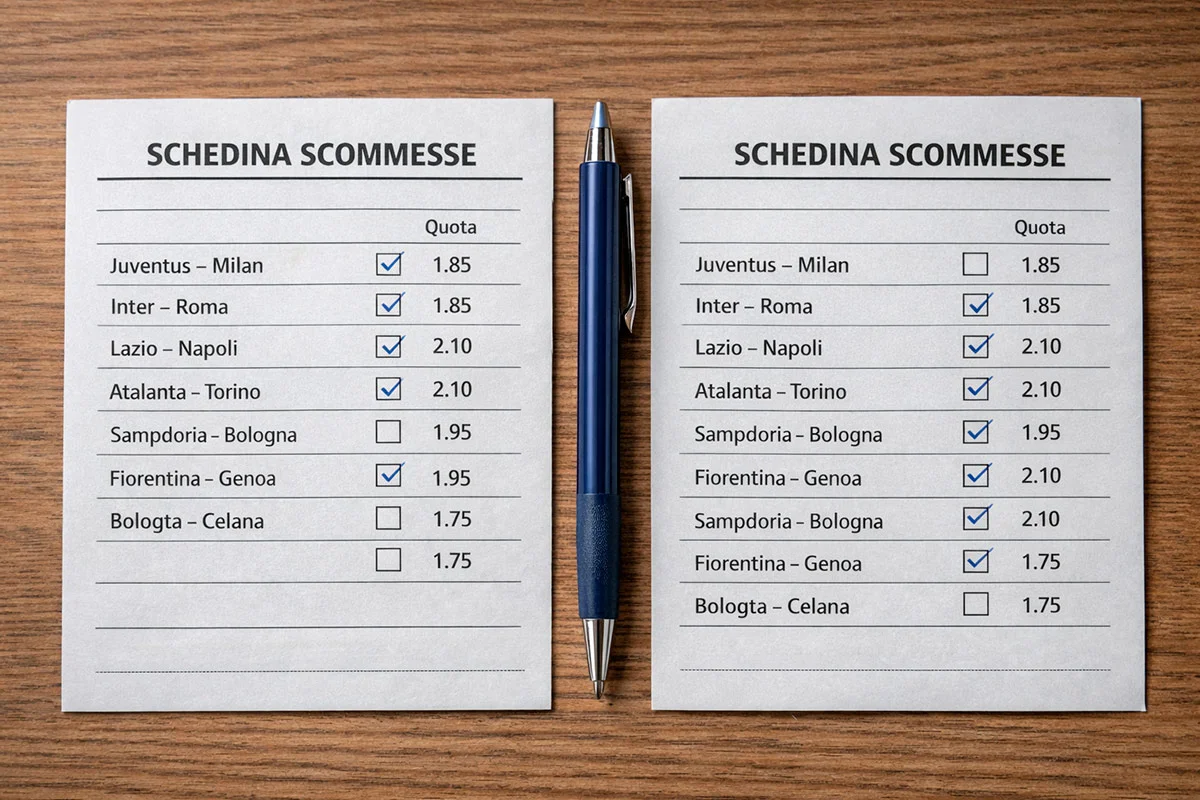 Due schedine scommesse affiancate su un tavolo con una penna in mezzo