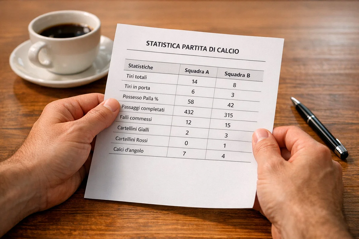 Persona che analizza un documento con statistiche di calcio su una scrivania ordinata