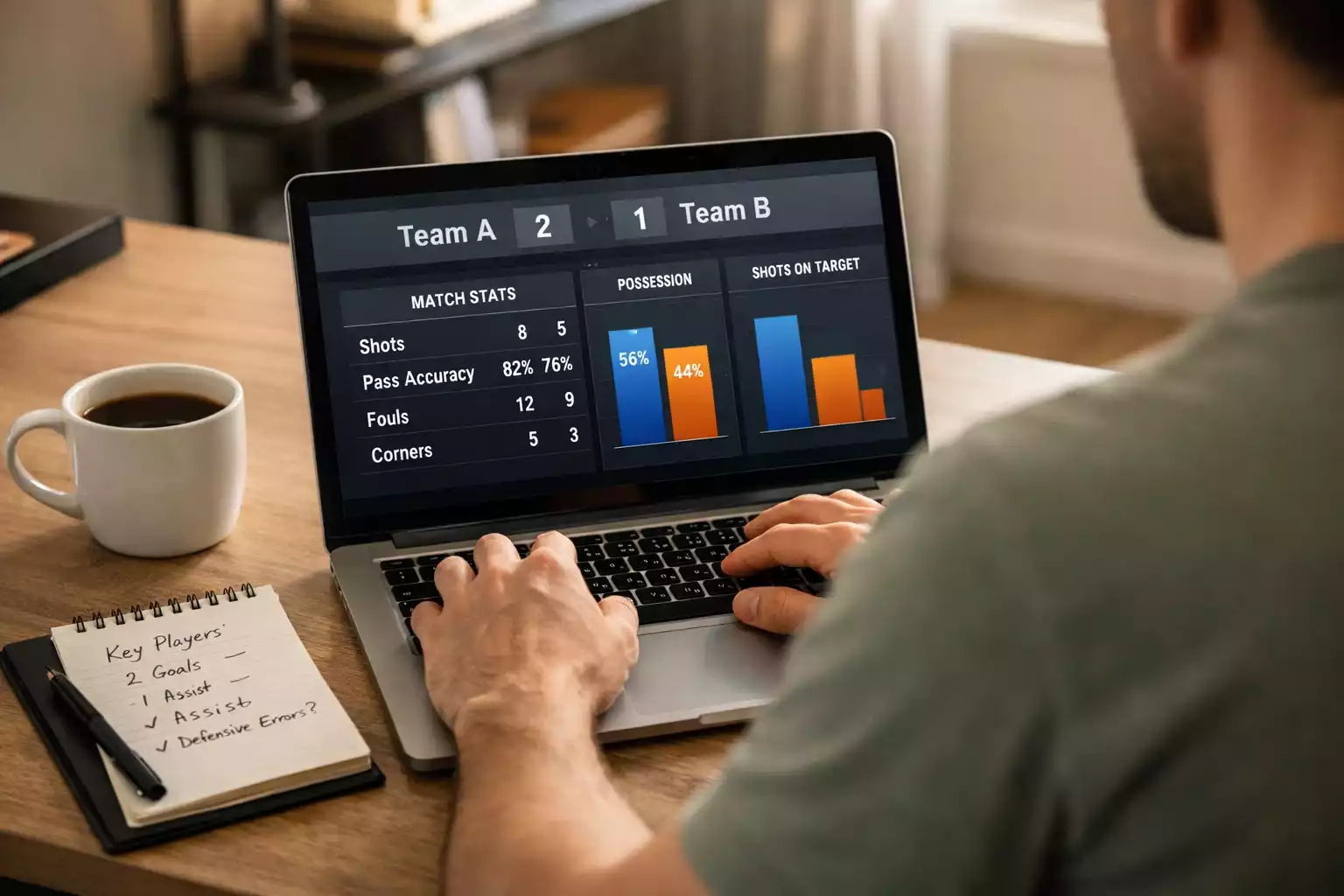 Persona analizza statistiche partite calcio su laptop