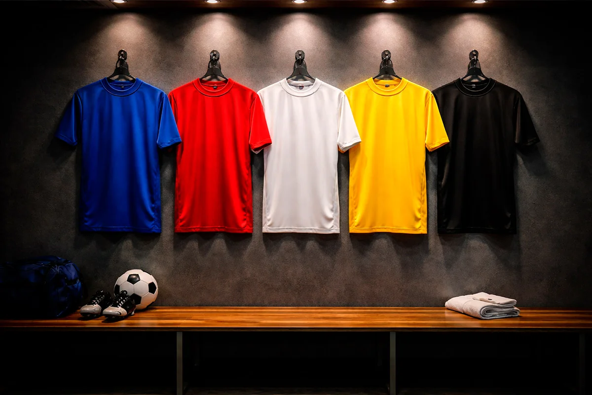 Cinque maglie da calcio di squadre europee appese negli spogliatoi prima della partita