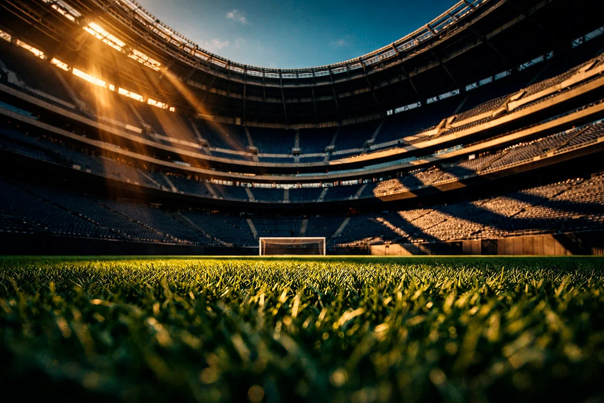 Grande stadio di calcio vuoto fotografato dal basso con prospettiva imponente