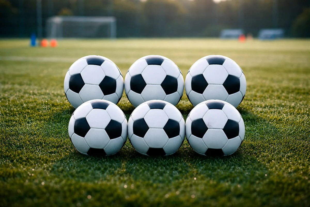 Sei palloni da calcio disposti in formazione su un campo da allenamento professionale