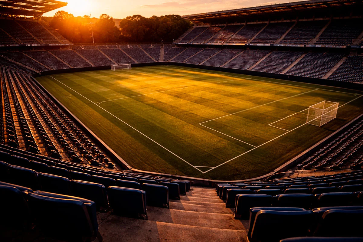 Stadio di calcio visto dall'alto con luce del tramonto che illumina il campo verde