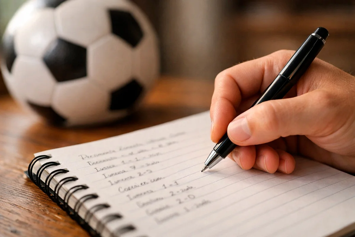 Mano che scrive pronostici di calcio su un blocco note con penna accanto a un pallone da calcio