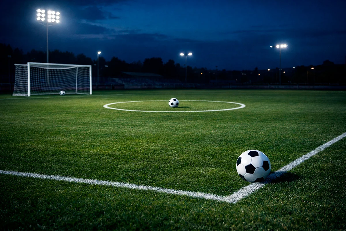 Tre diverse azioni di calcio sovrapposte: pareggio, gol e difesa su campo verde