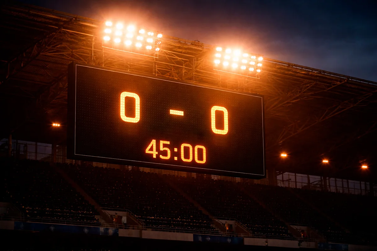 Tabellone segnapunti di uno stadio di calcio illuminato nella luce della sera