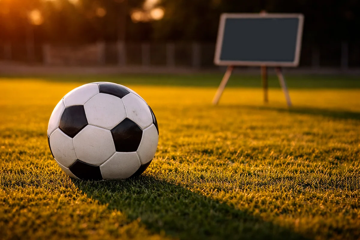 Pallone da calcio su campo in erba con lavagna tattica e schema del sistema Trixie scommesse