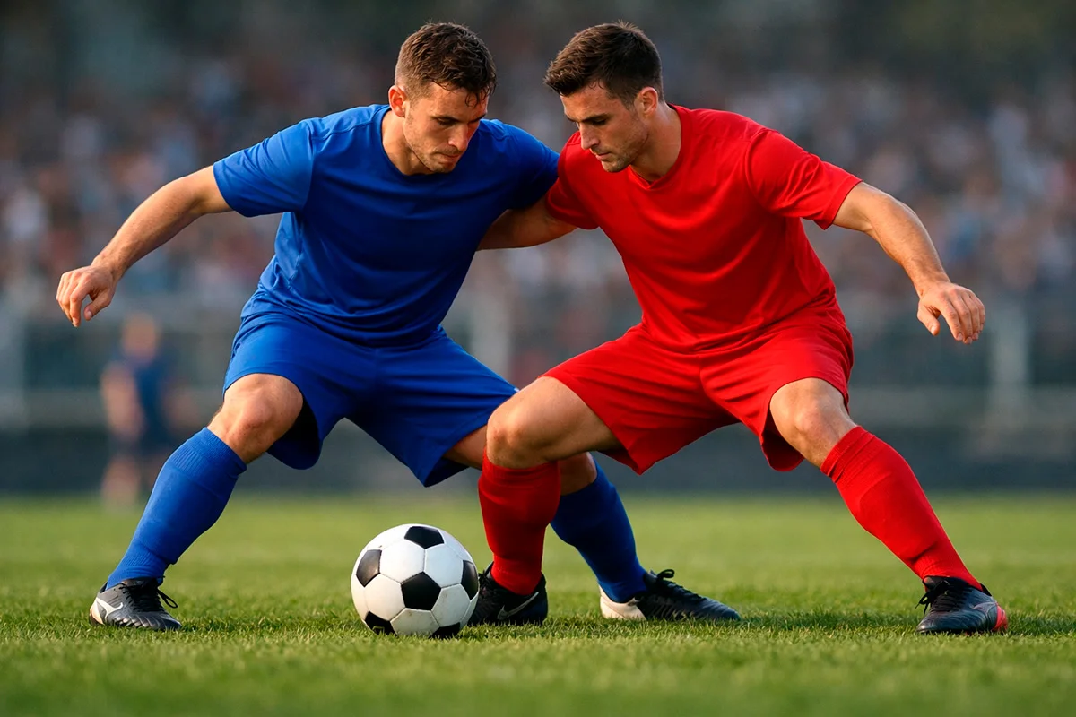 Due squadre di calcio in campo durante un'azione di gioco equilibrata e contesa