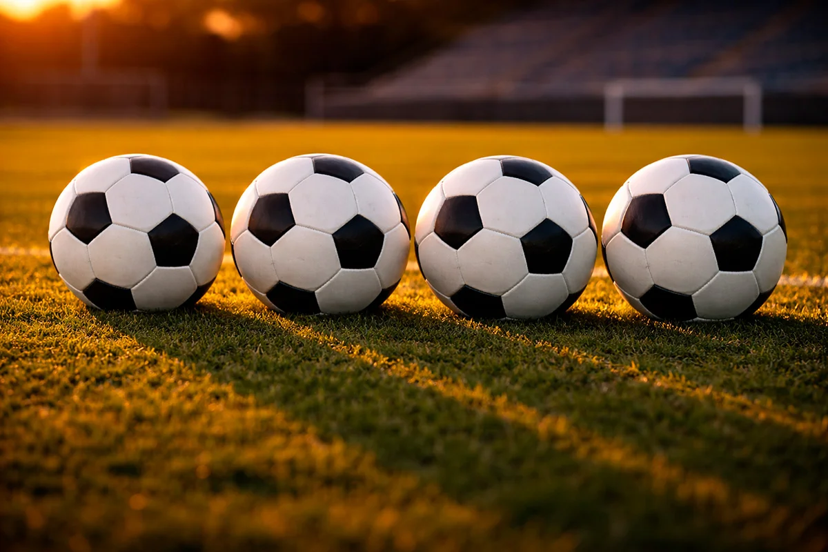 Quattro palloni da calcio allineati su un campo da gioco europeo al tramonto