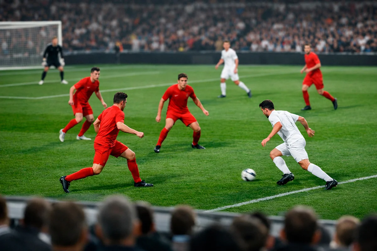 Partita di calcio in corso su un campo in erba vista dalla tribuna con giocatori in azione