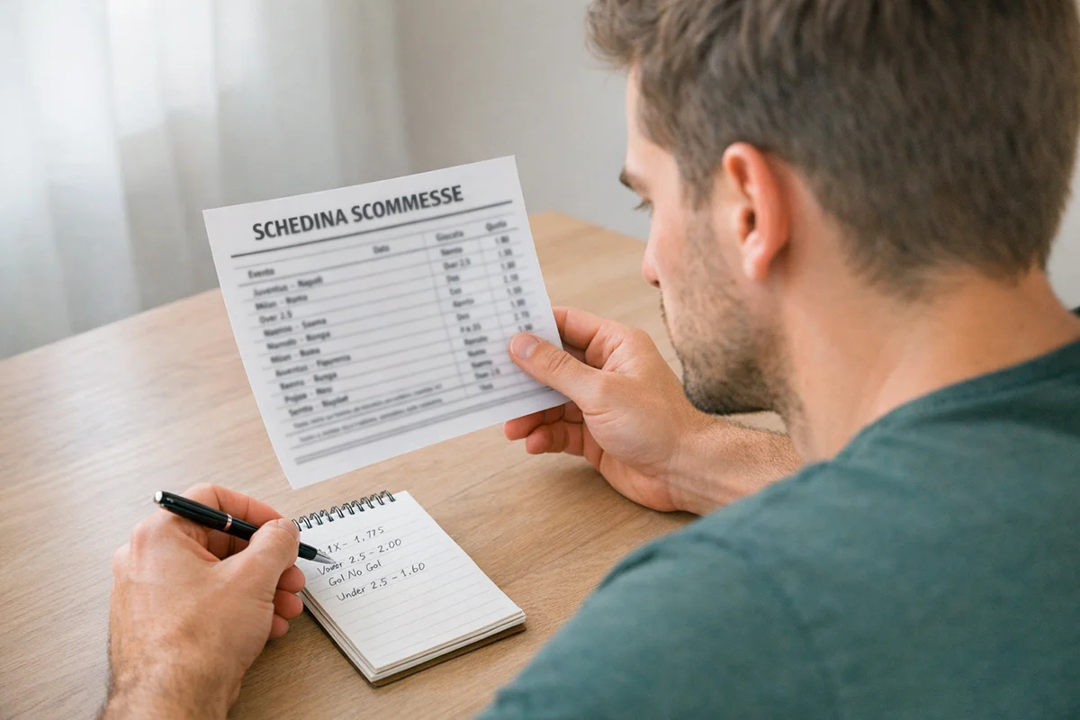 Giovane persona seduta a un tavolo che studia una schedina scommesse con appunti e penna