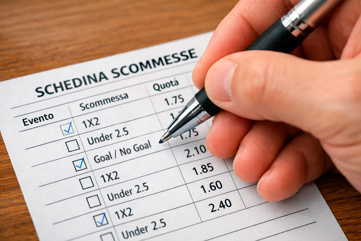 Primo piano di una mano che compila una schedina scommesse sportive con una penna