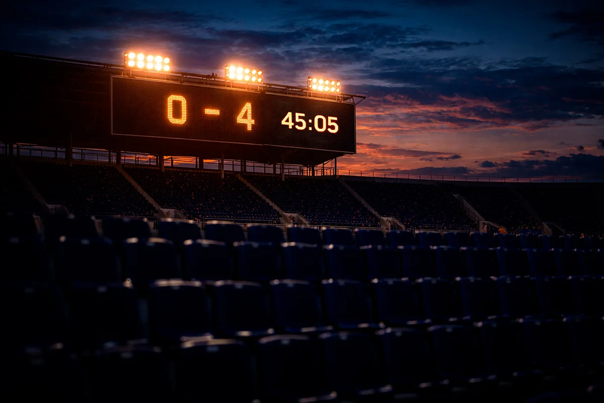 Tabellone luminoso di uno stadio di calcio con risultati parziali visibili dagli spalti